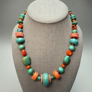 Turquoise Coral Dyed Howlite Bead Necklace 17" Southwestern Chunky